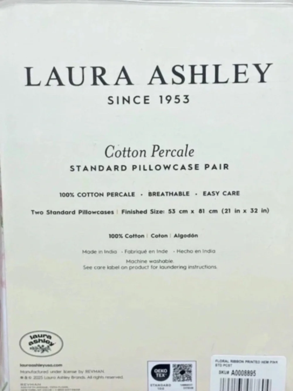 Laura Ashley~Pillowcase Pair~ Pink Floral Ribbon 100% Cotton Percale Standard